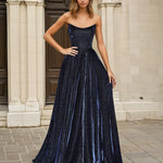 Caterina Strapless Glitter Gown Midnight Front