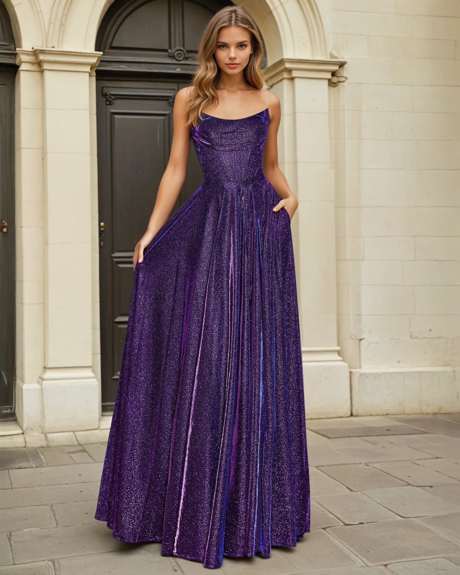 Caterina Strapless Glitter Gown Plum Front