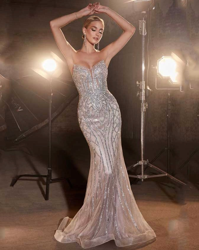 Ramona Strapless Beaded Gown - Silver/Nude