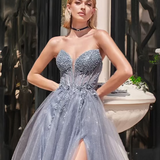 Milla Strapless Beaded Gown - Smoky Blue