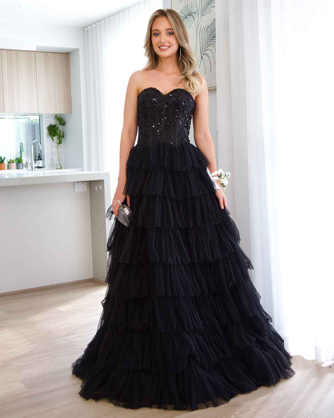 Celeste Layered Strapless Gown - Black