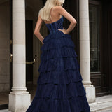 Celeste Layered Strapless Ball Gown Navy Back