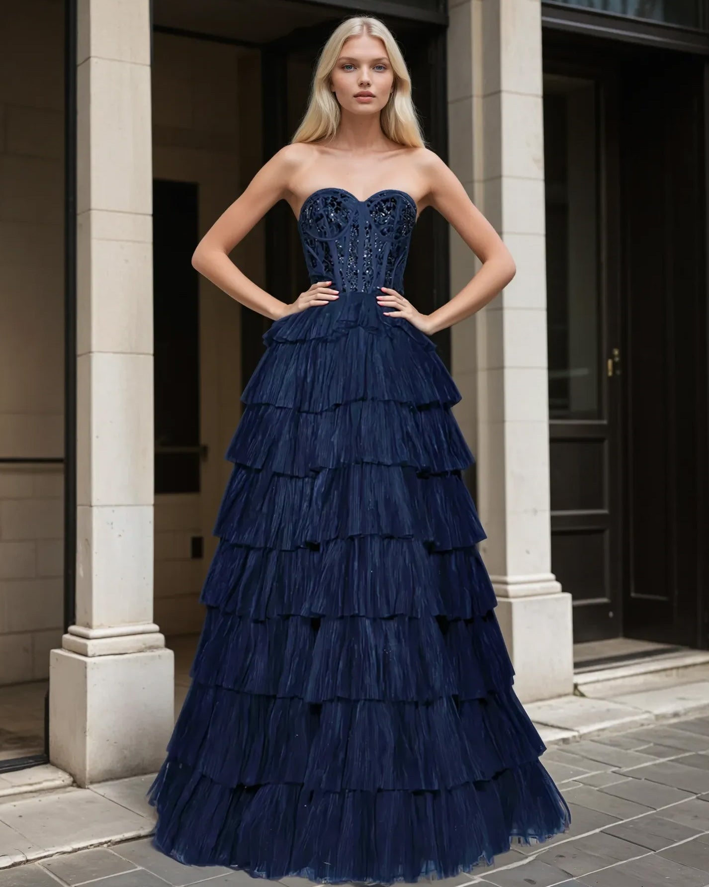 Celeste Layered Strapless Ball Gown Navy Front