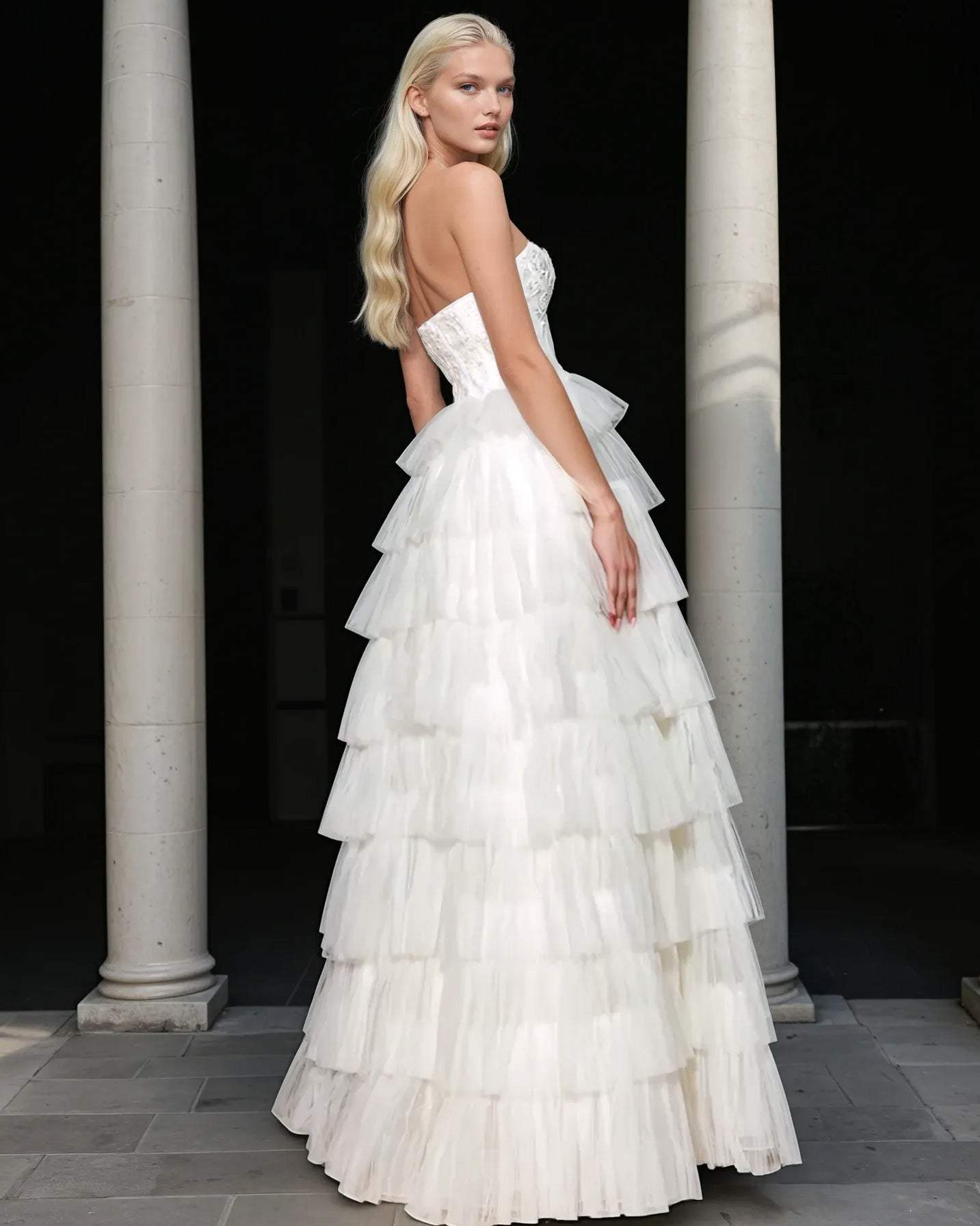 Celeste Layered Strapless Ball Gown Ivory Back