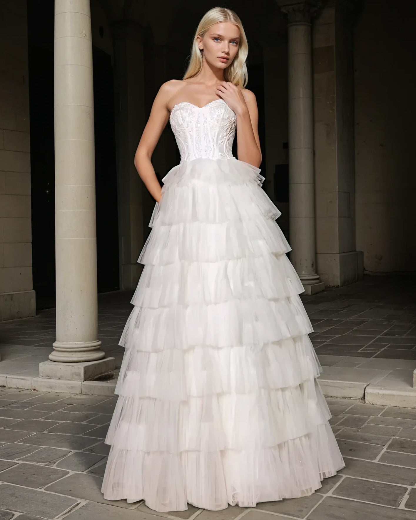 Celeste Layered Strapless Ball Gown Ivory Front