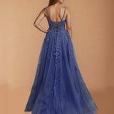 Celina Tulle Corset Gown Slate Blue Back