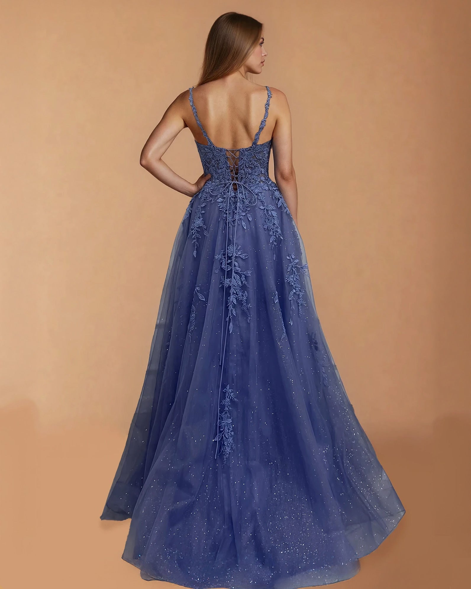 Celina Tulle Corset Gown Slate Blue Back