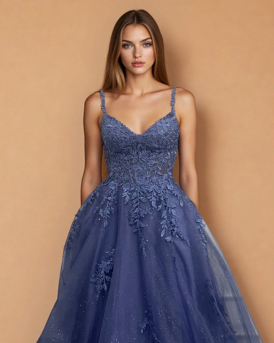 Celina Tulle Corset Gown Slate Blue Front