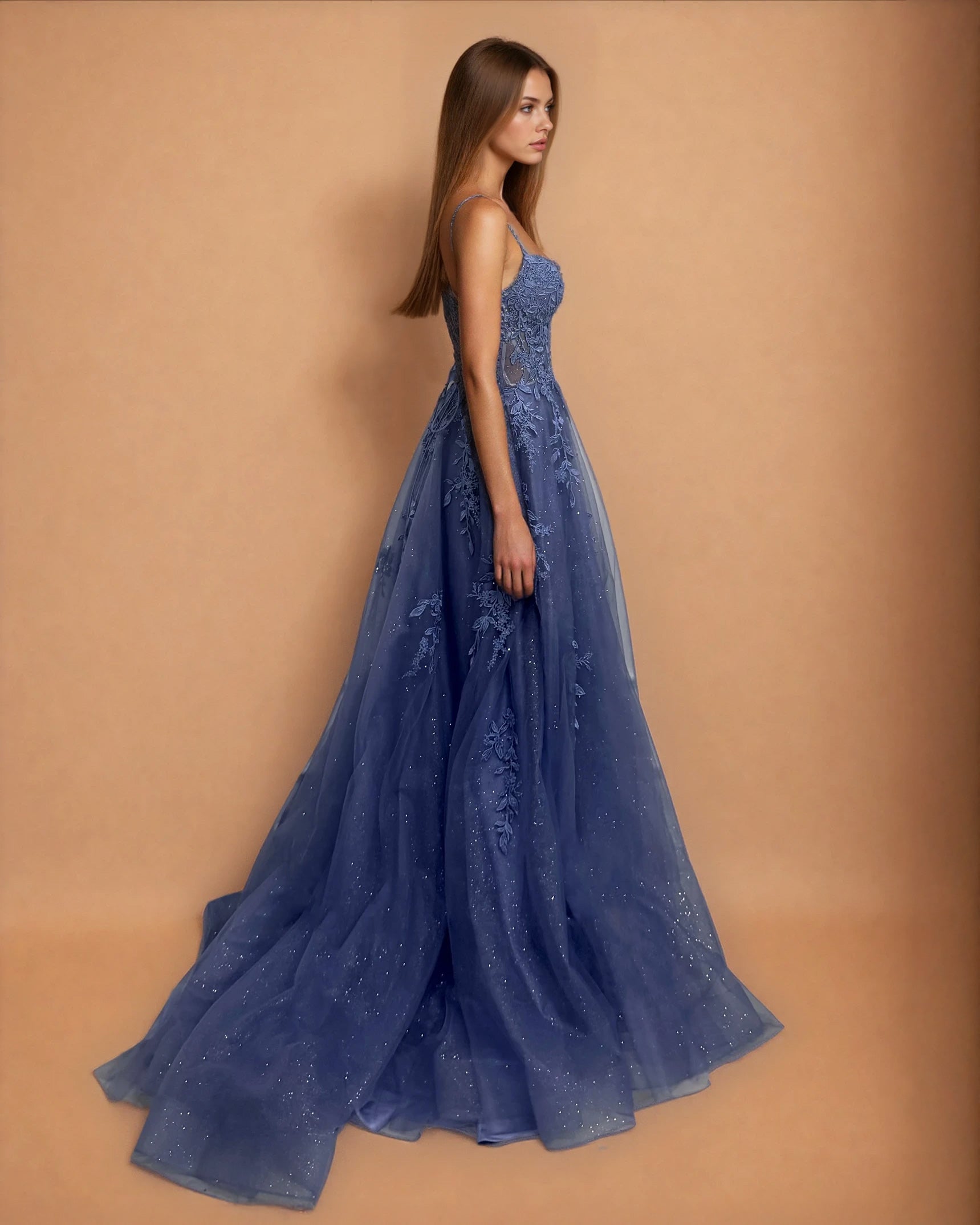 Celina Tulle Corset Gown Slate Blue Side