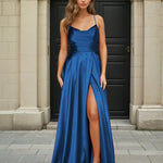 Cindy Satin A-line Gown Sapphire Front