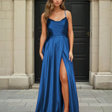 Cindy Satin A-line Gown Sapphire Front