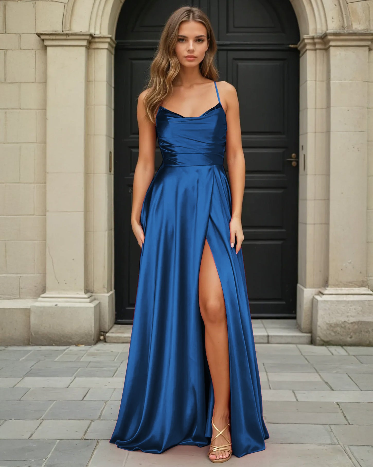 Cindy Satin A-line Gown Sapphire Front