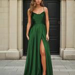 Cindy Satin A-line Gown Emerald Front