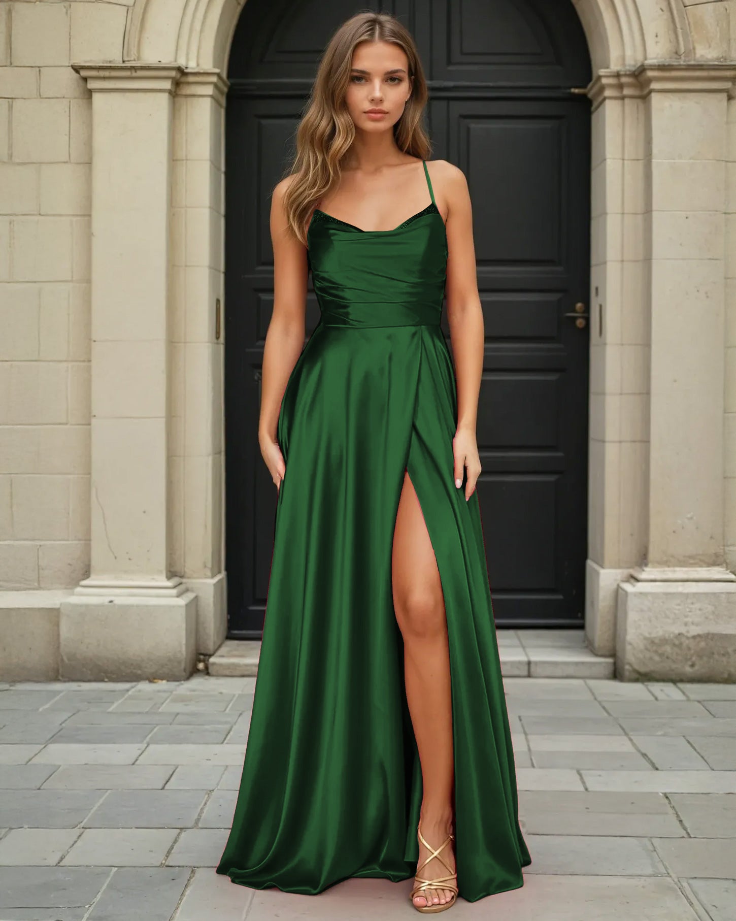 Cindy Satin A-line Gown Emerald Front