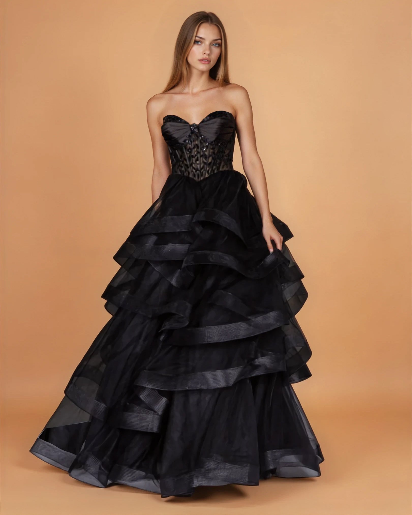 Daphne Corset Tulle Gown Black Front