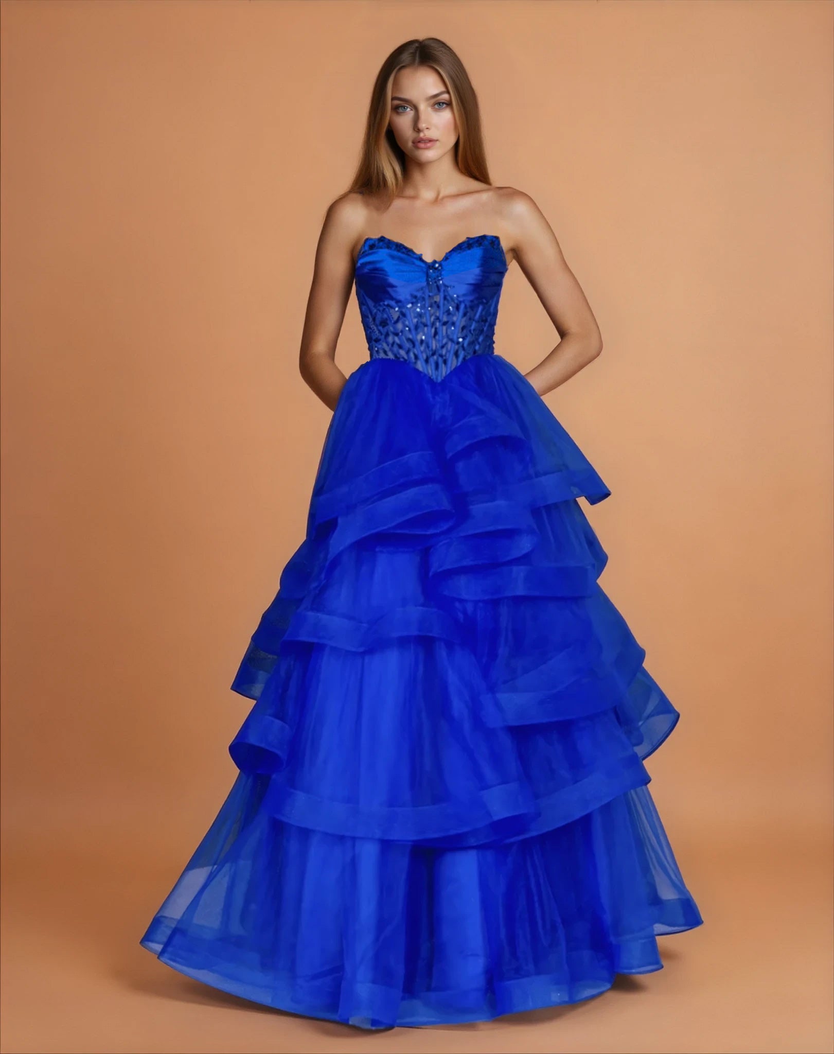 Daphne Corset Tulle Gown Cobalt Front