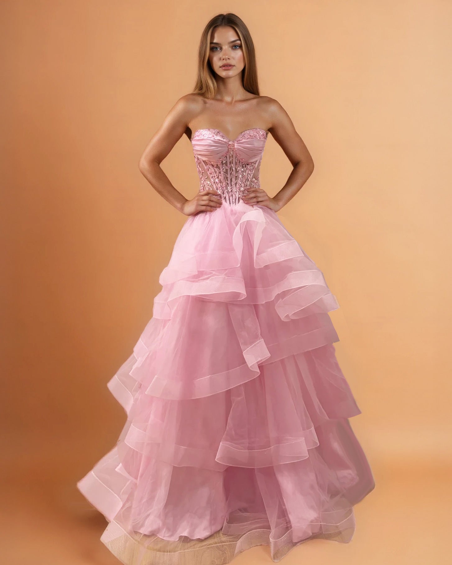 Daphne Corset Tulle Gown Pale Pink Front