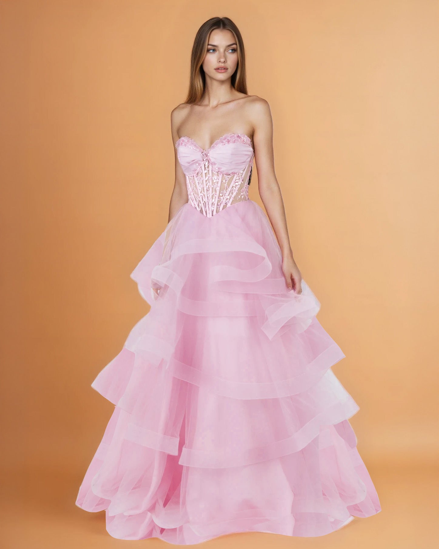 Daphne Corset Tulle Gown Pale Pink Front