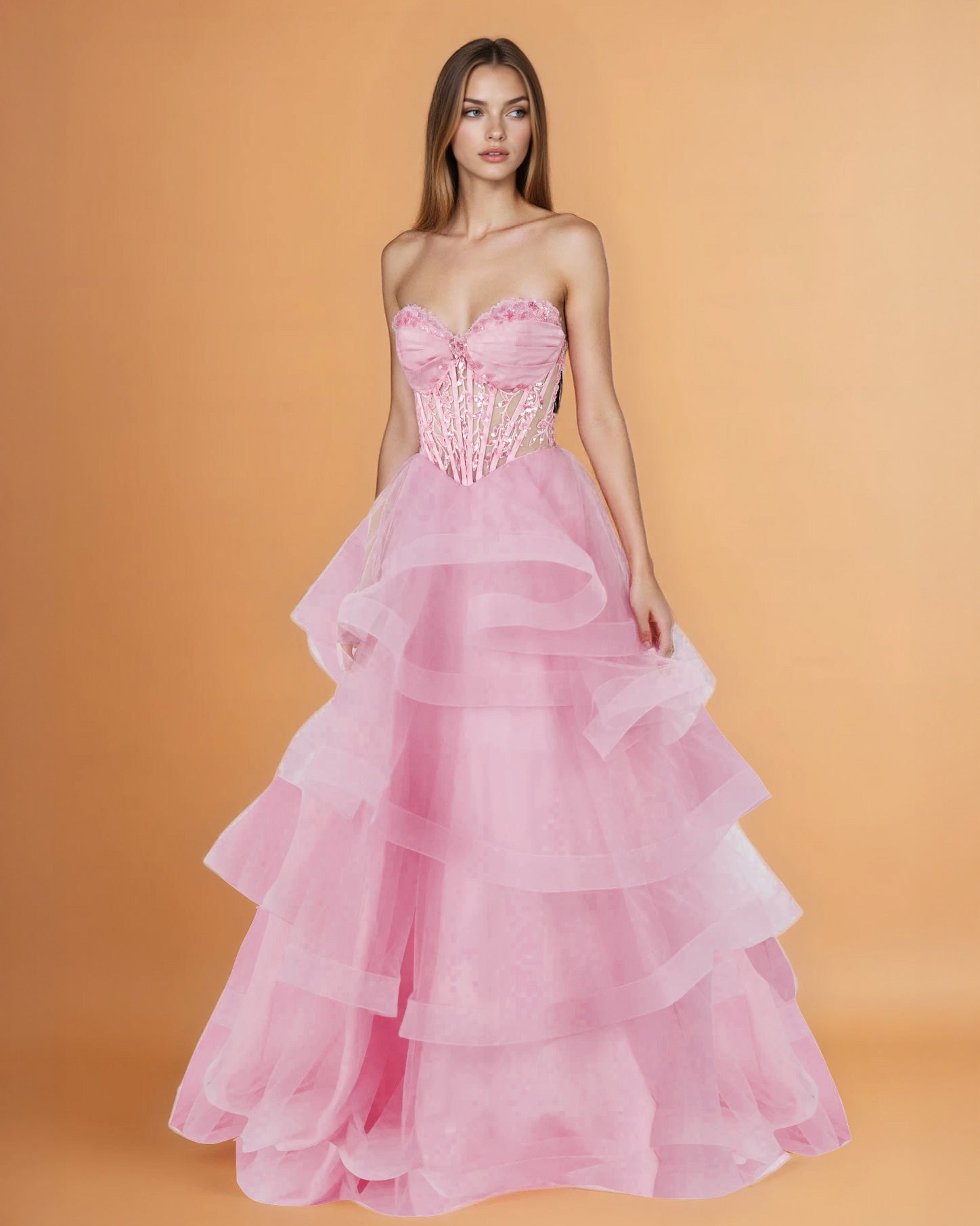 Daphne Corset Waterfall Gown Pale Pink Front