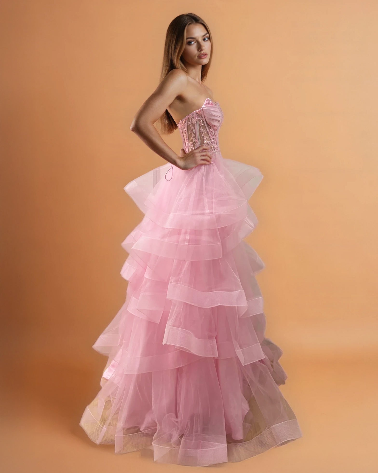 Daphne Corset Tulle Gown Pale Pink Side