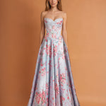 Donatella Satin Corset Gown Pale Blue Floral FRONT