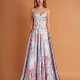 Donatella Satin Corset Gown Pale Blue Floral FRONT