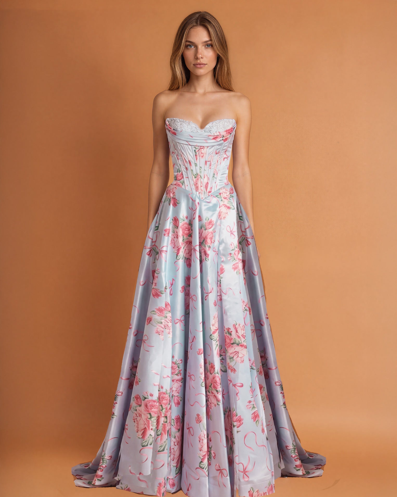 Donatella Satin Corset Gown Pale Blue Floral FRONT