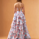 Elizabetta Layered Corset Gown Pale Blue Floral Back