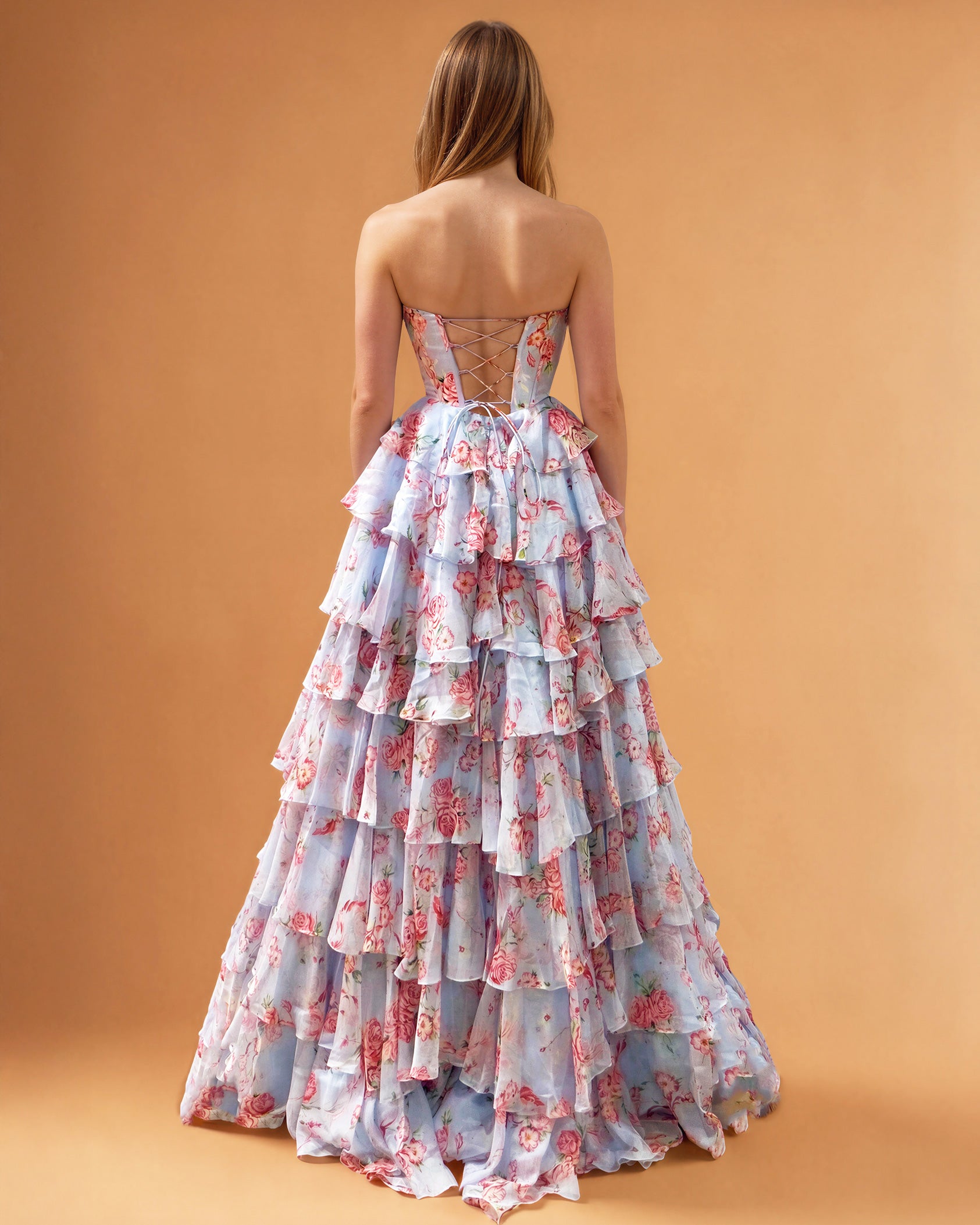 Elizabetta Layered Corset Gown Pale Blue Floral Back