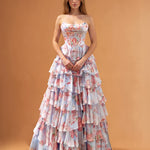 Elizabetta Layered Corset Gown Pale Blue Floral Front