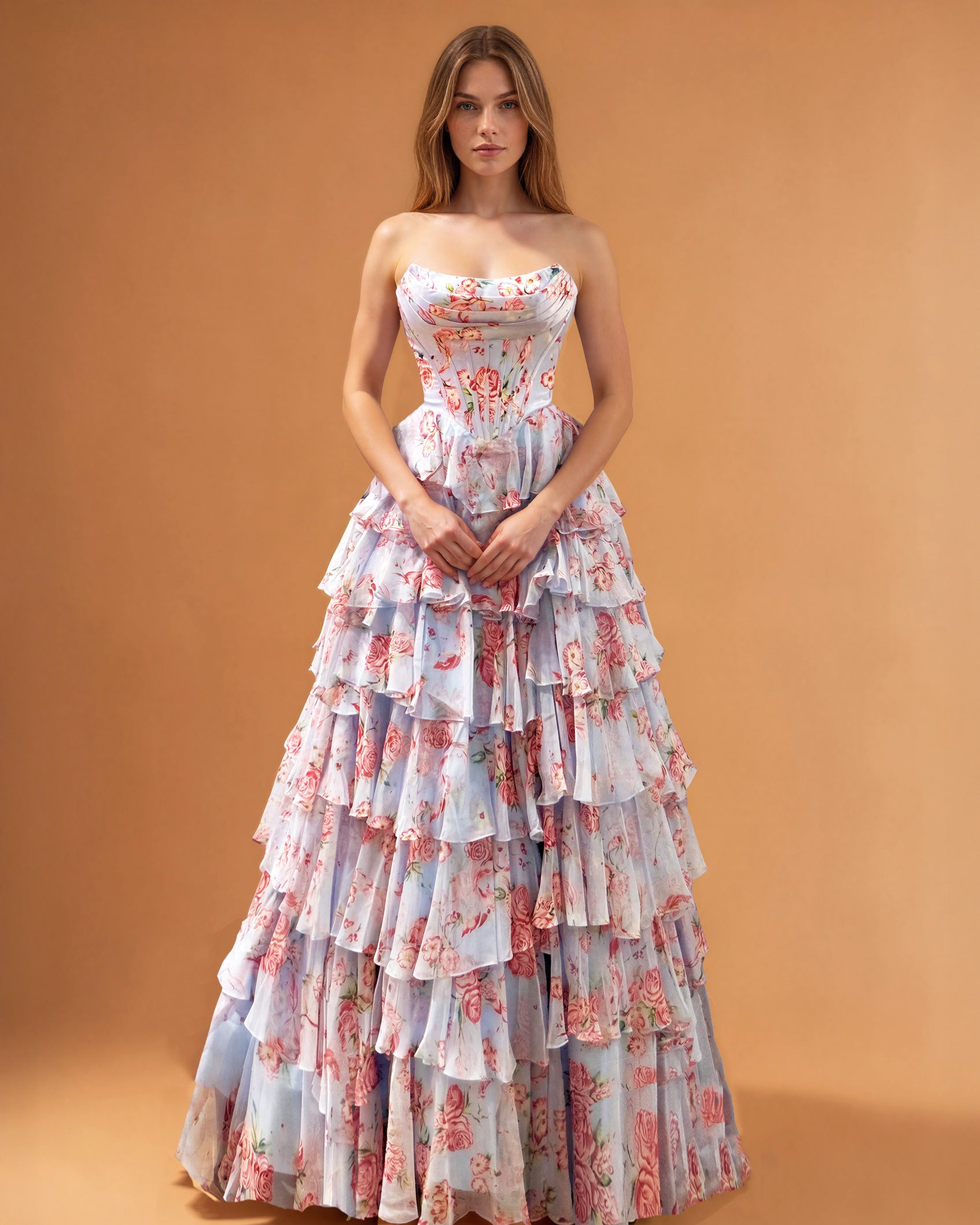 Elizabetta Layered Corset Gown Pale Blue Floral Front