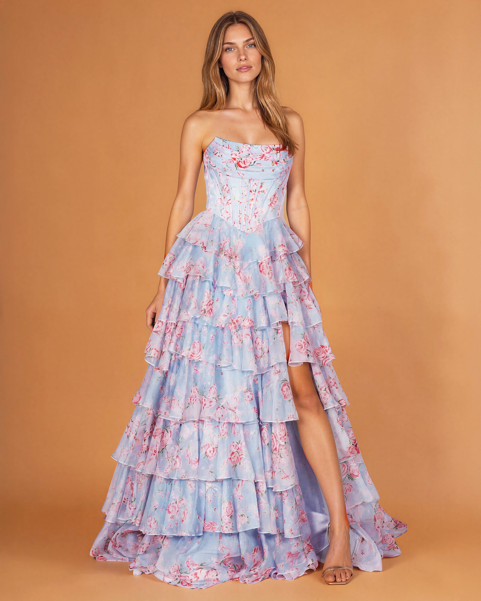 Elizabetta Layered Corset Gown Pale Blue Floral Front
