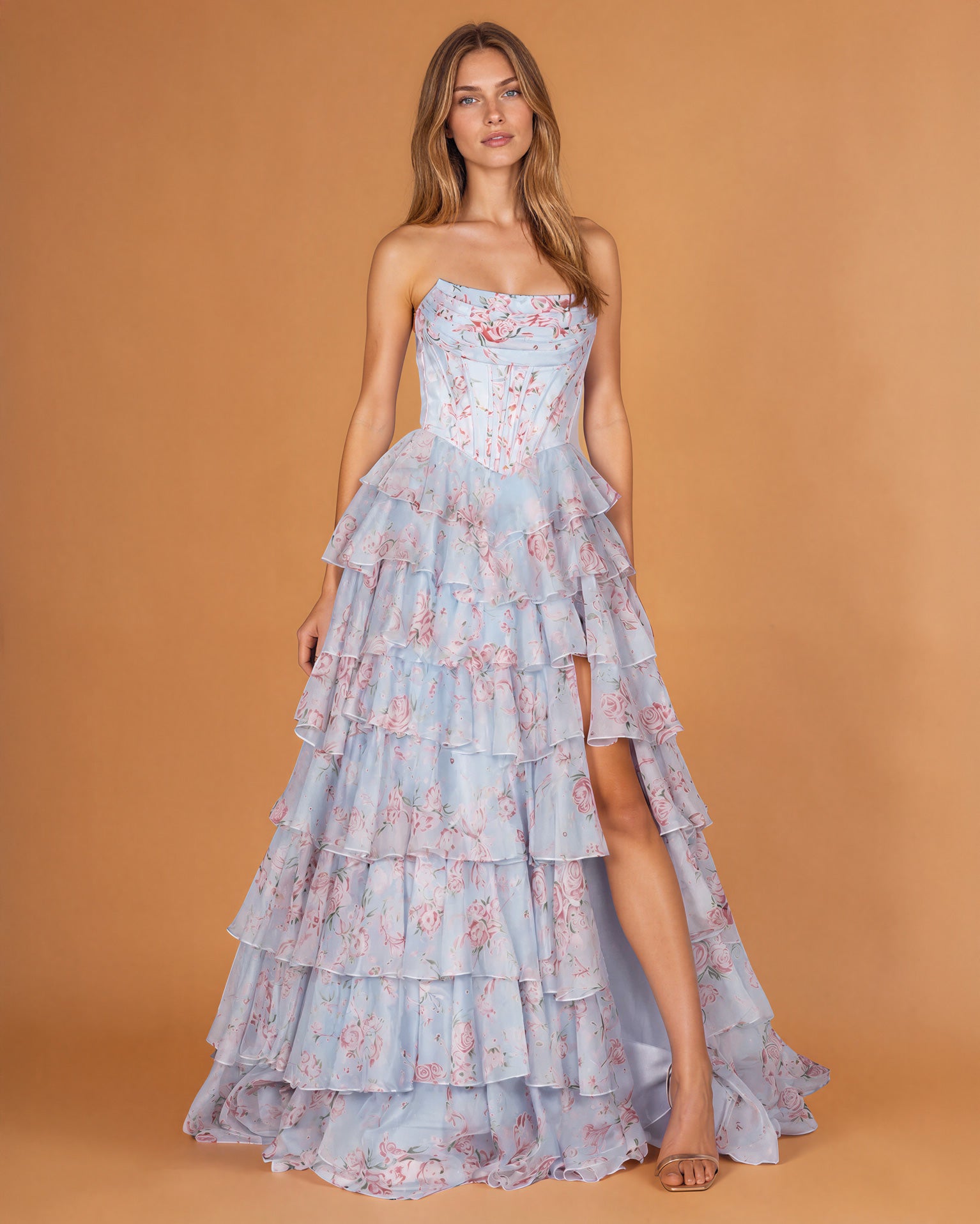 Elizabetta Layered Corset Gown Pale Blue Floral FRONT