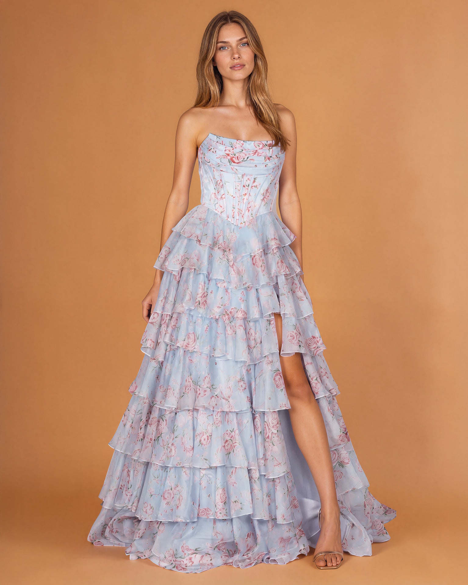 Elizabetta Layered Corset Gown Pale Blue Floral FRONT