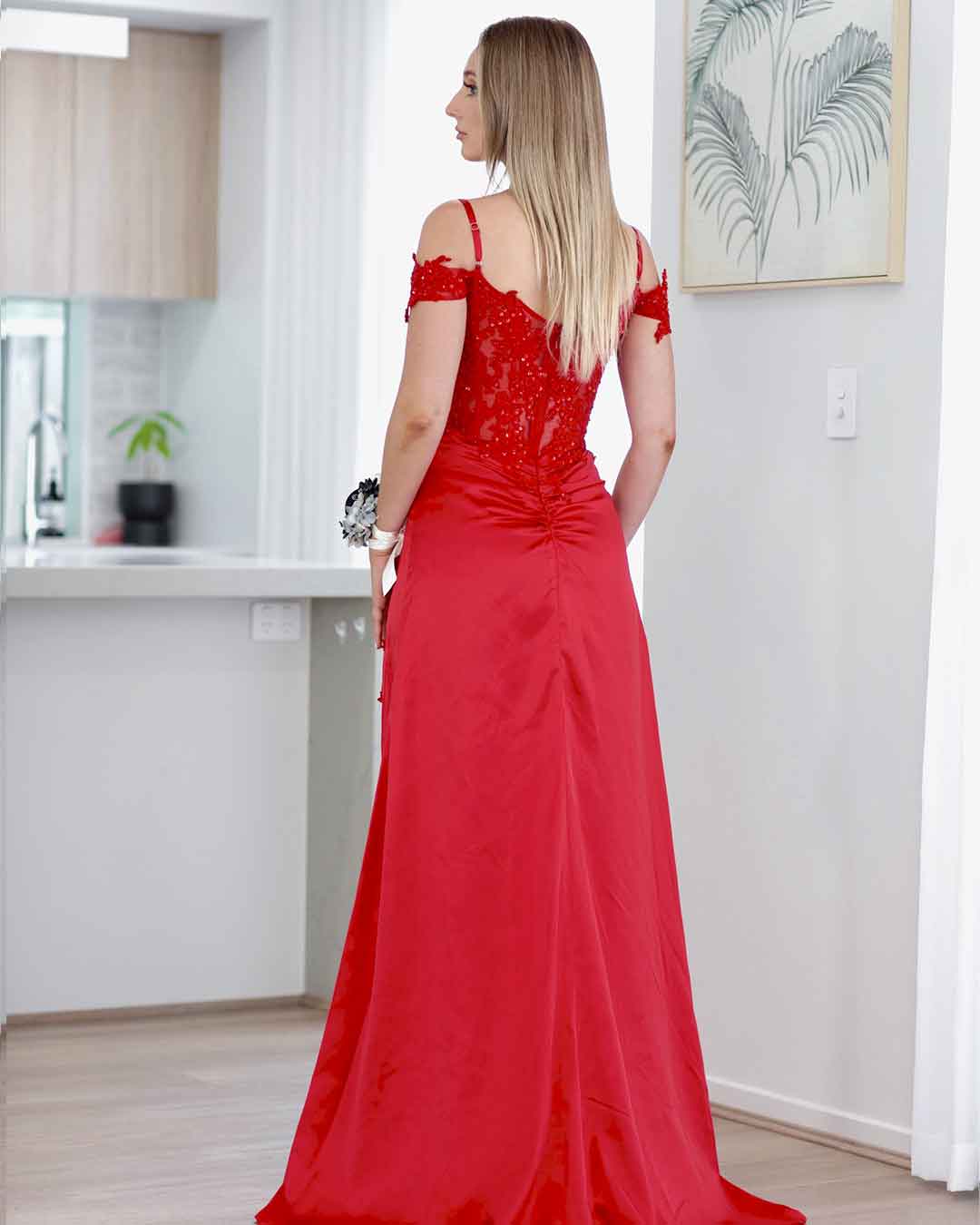 Elyssa Beaded Lace Corset Gown - Red