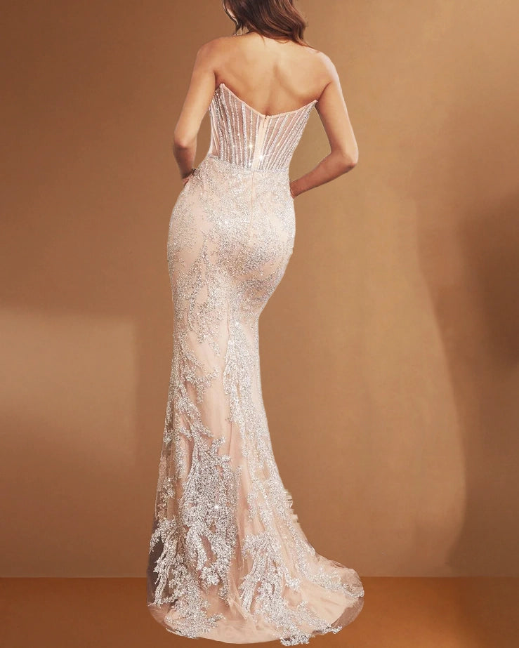 Eudora Beaded Corset Gown Silver/Nude Back