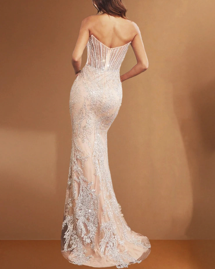 Eudora Beaded Corset Gown Silver/Nude Back