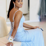 Fiona Lace Sequin Gown - Light Blue