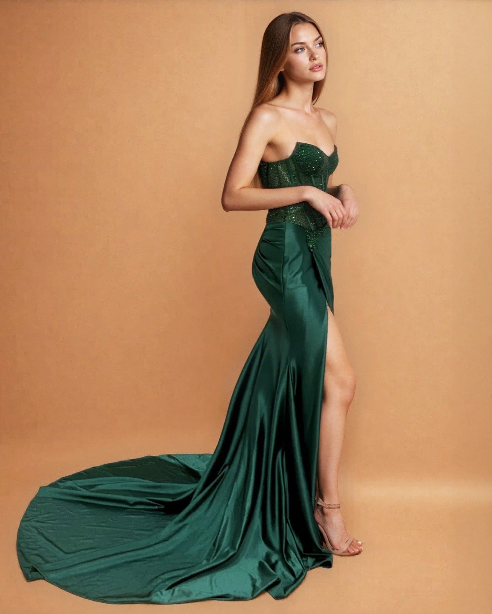 Florenza Satin Corset Gown Emerald side