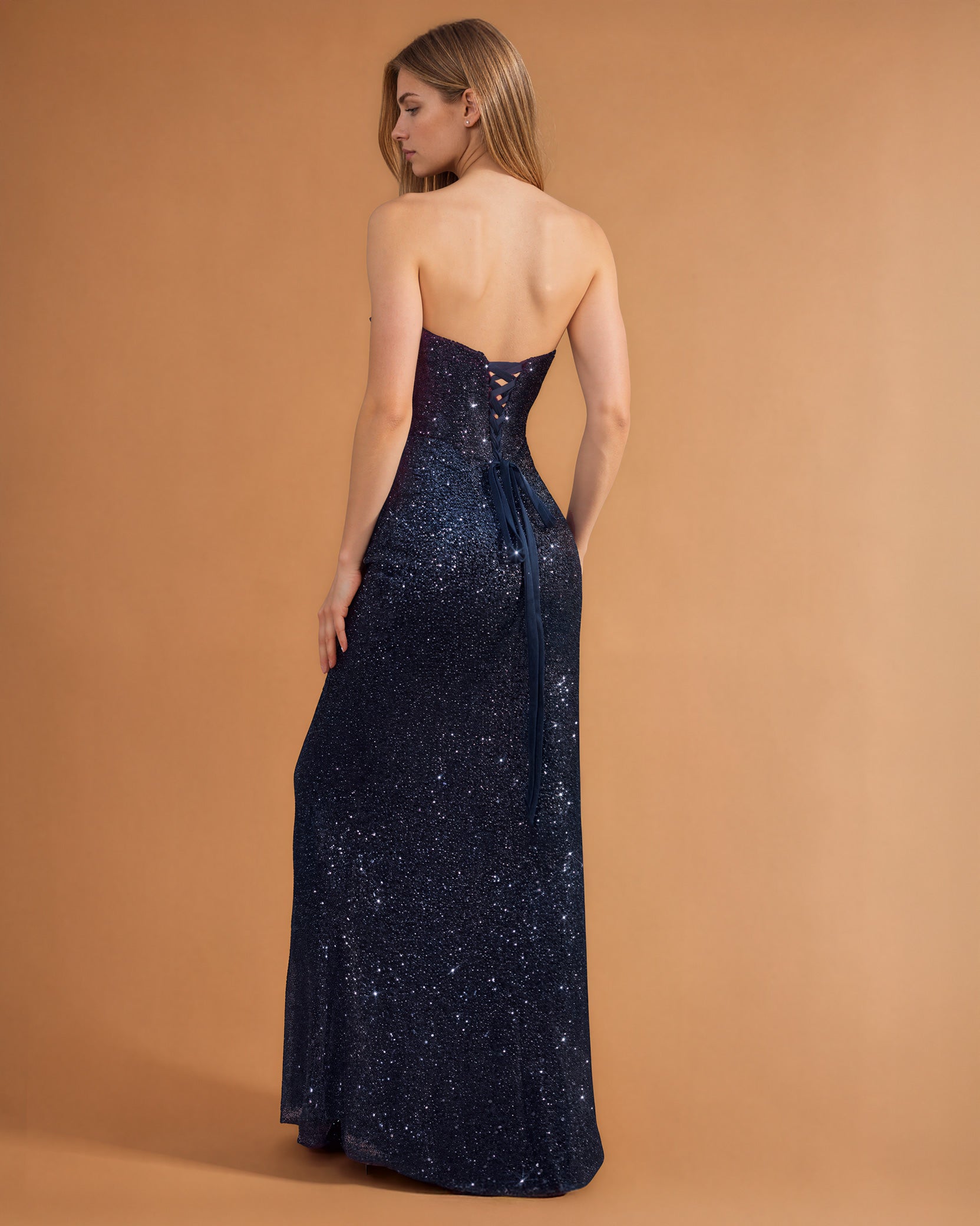 Gabriella Sequin Corset Gown Navy Back