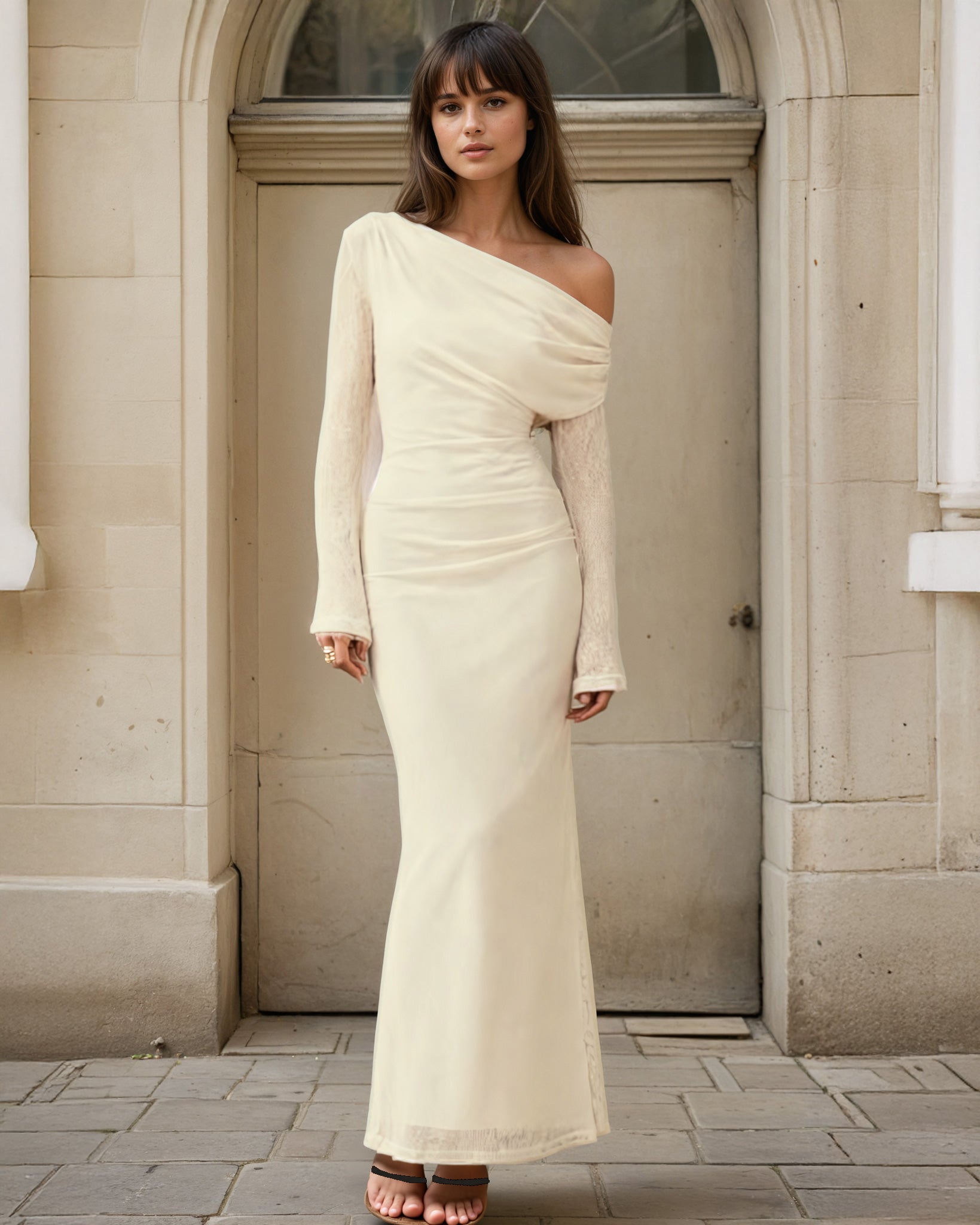 Ginnie Knit Long Sleeve Maxi Dress Cream Front