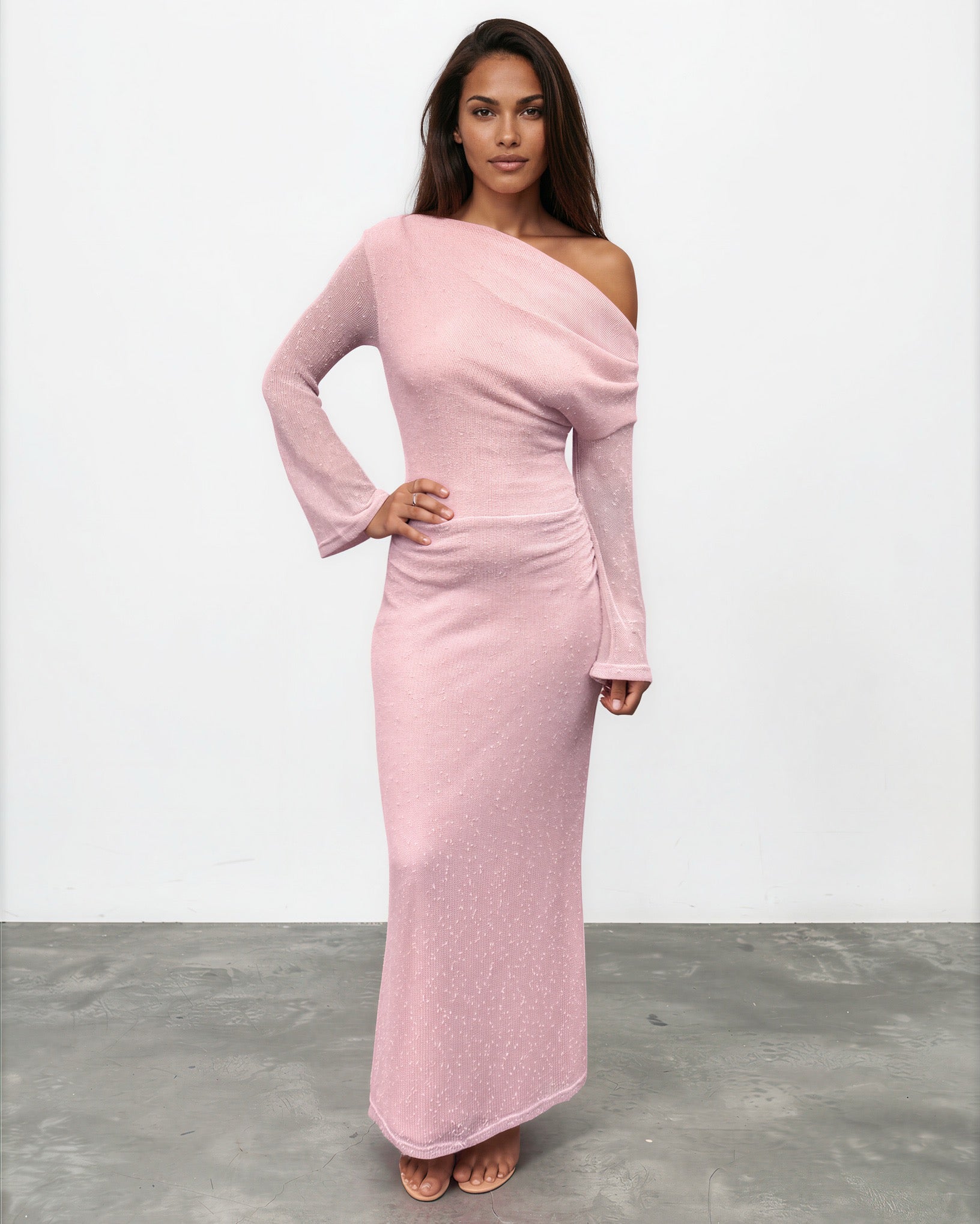 Ginnie Knit Long Sleeve Maxi Dress Pink Front