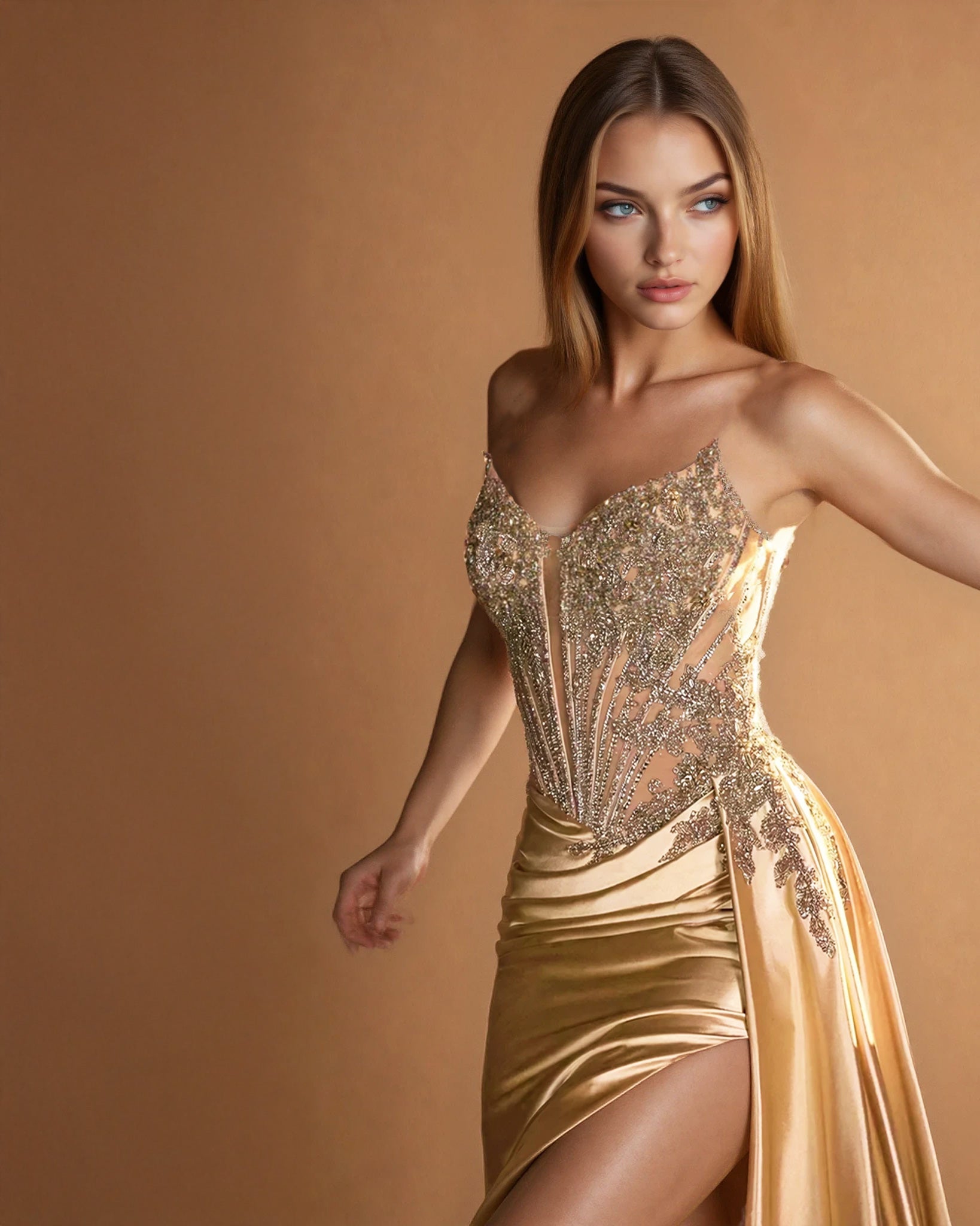 Giordana Corset Gown Gold Front