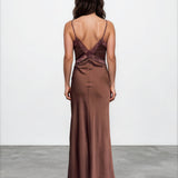 Gloria Lace Satin Slip Maxi Dress Chocolate Back