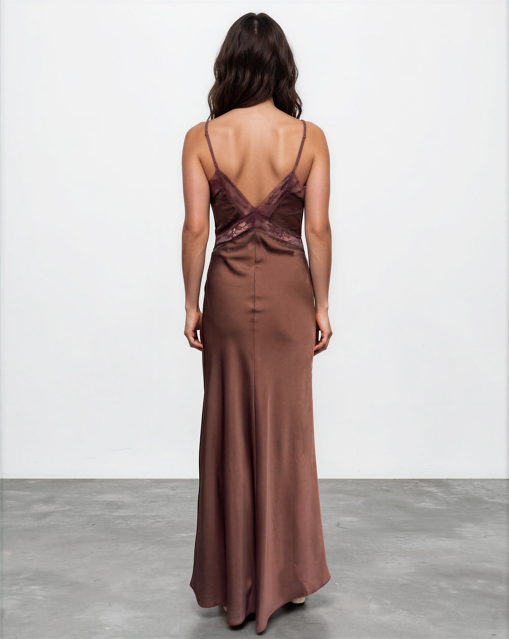 Gloria Lace Satin Slip Maxi Dress Chocolate Back