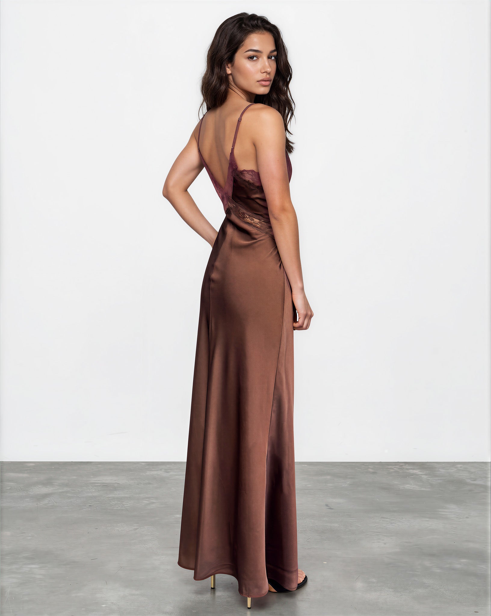 Gloria Lace Satin Slip Maxi Dress Chocolate Back