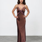 Gloria Lace Satin Slip Maxi Dress Chocolate Front