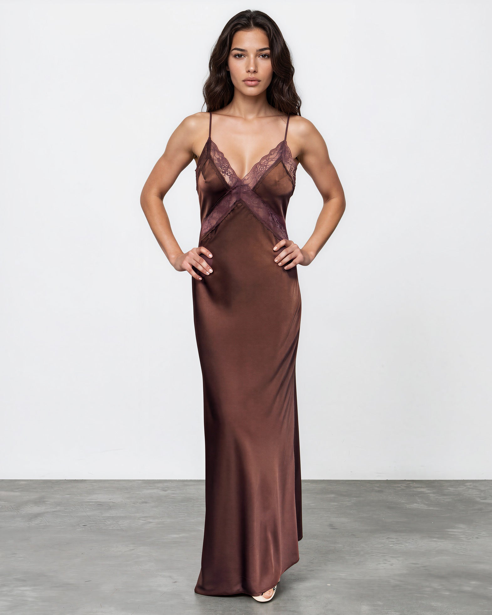 Gloria Lace Satin Slip Maxi Dress Chocolate Front