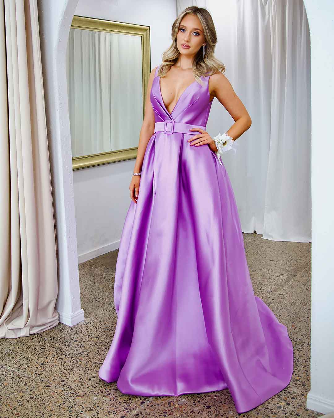 Harper Wrap Belt Gown - Lilac