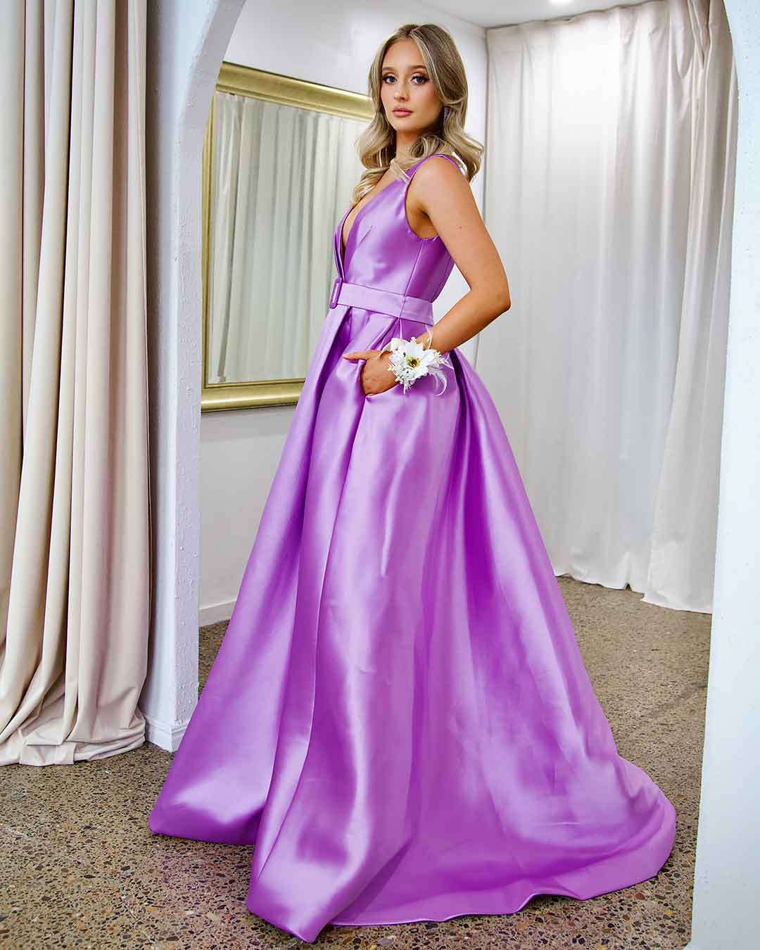 Harper Wrap Belt Gown Lilac